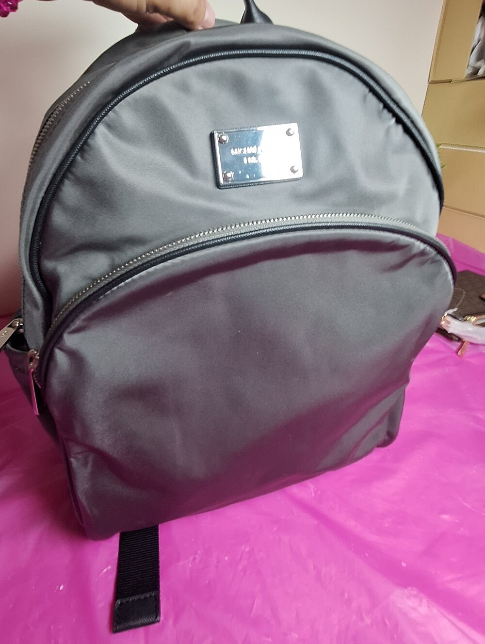 Michael Kors Gray Nylon Backpack with Silver Plate